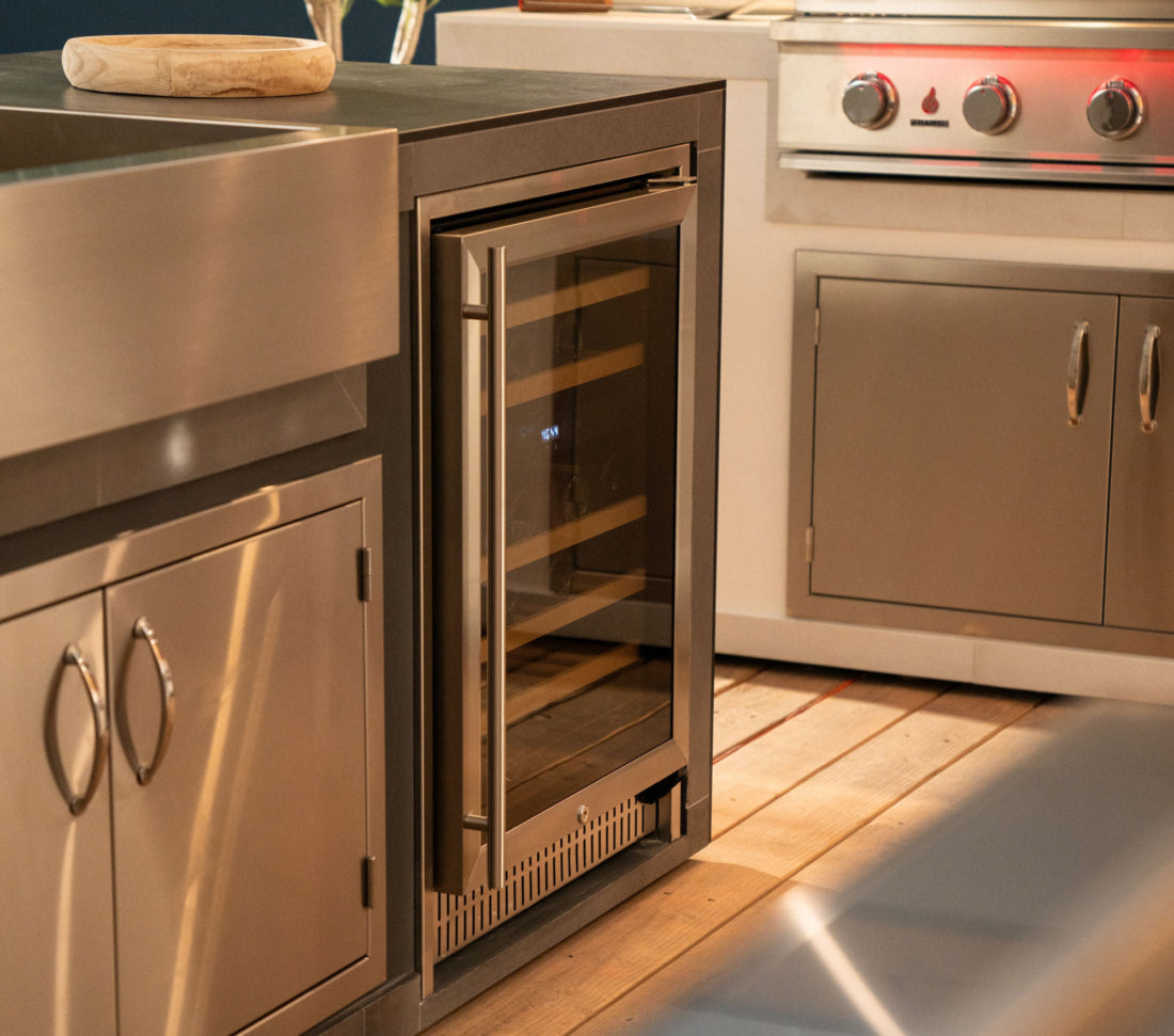 AMD 15-inch outdoor wine cooler installed glass door view