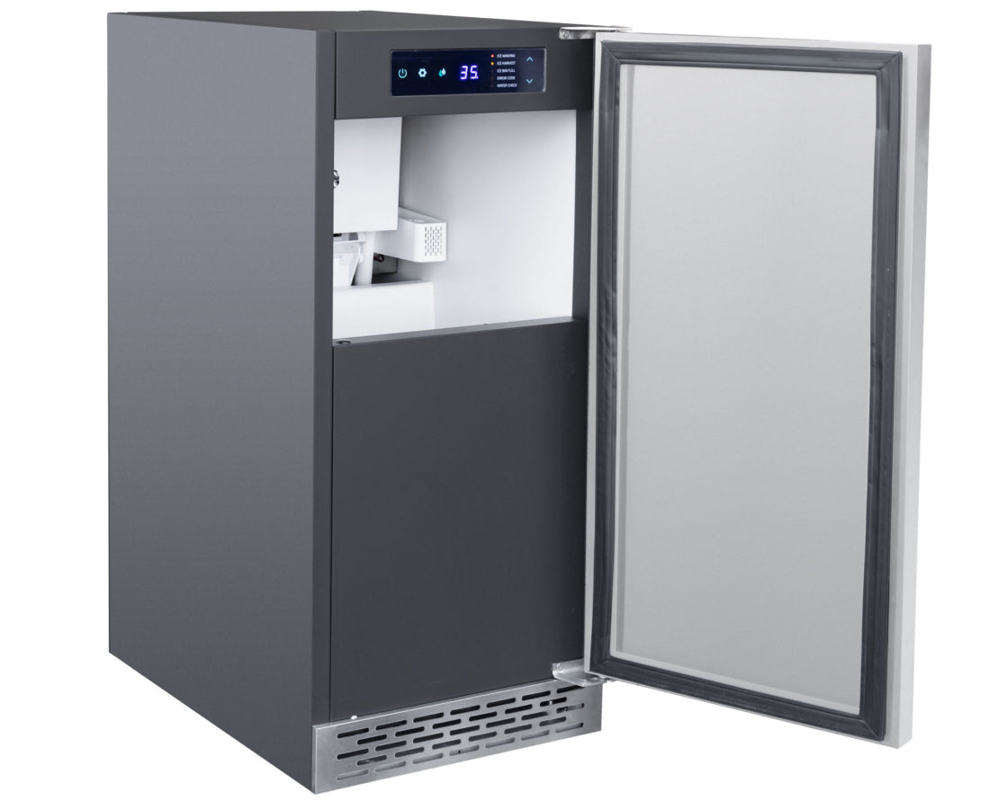 AMD 15-inch outdoor ice maker open interior and digital control panel