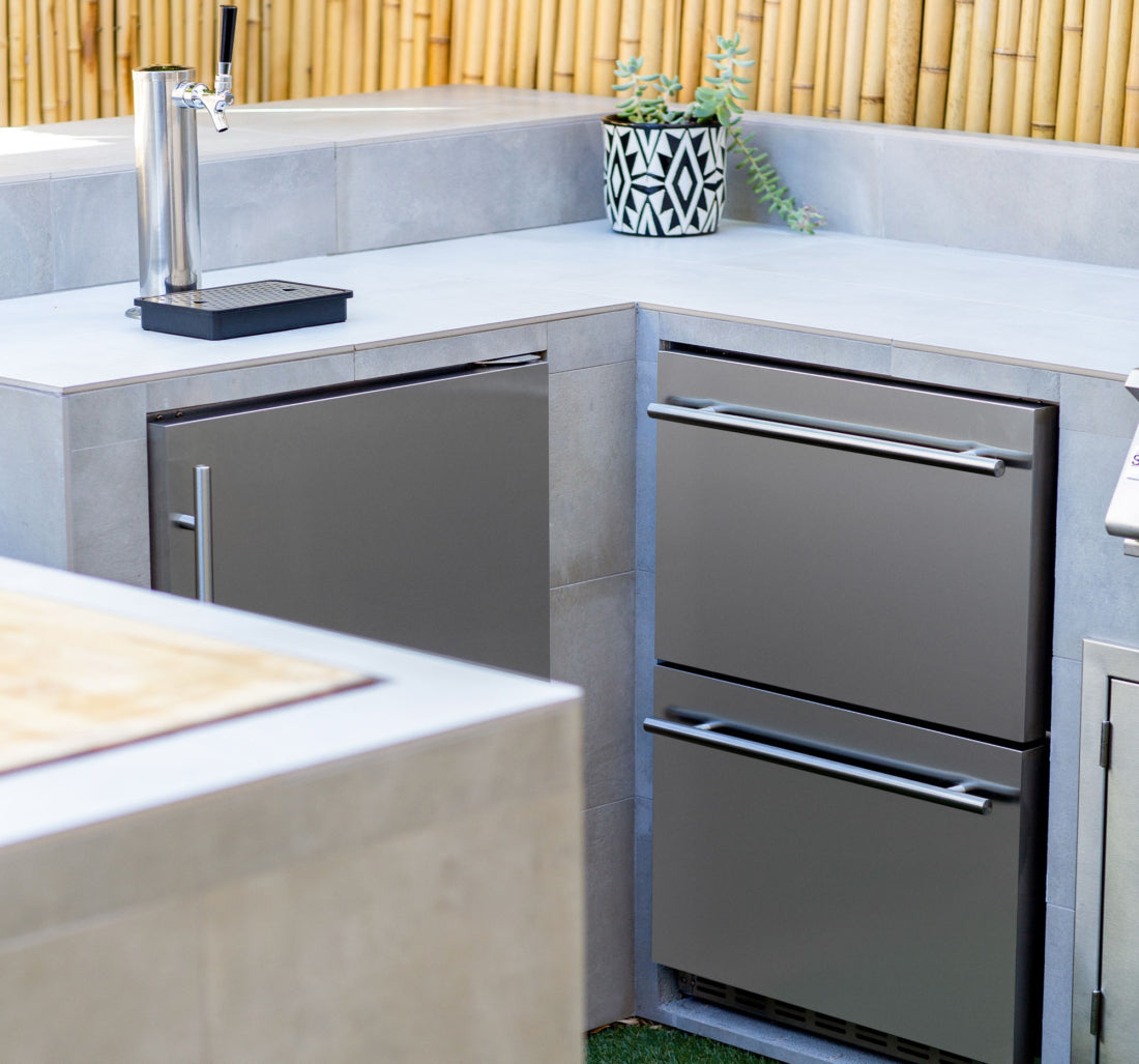 AMD 24-inch outdoor kegerator installed with draft tap tower