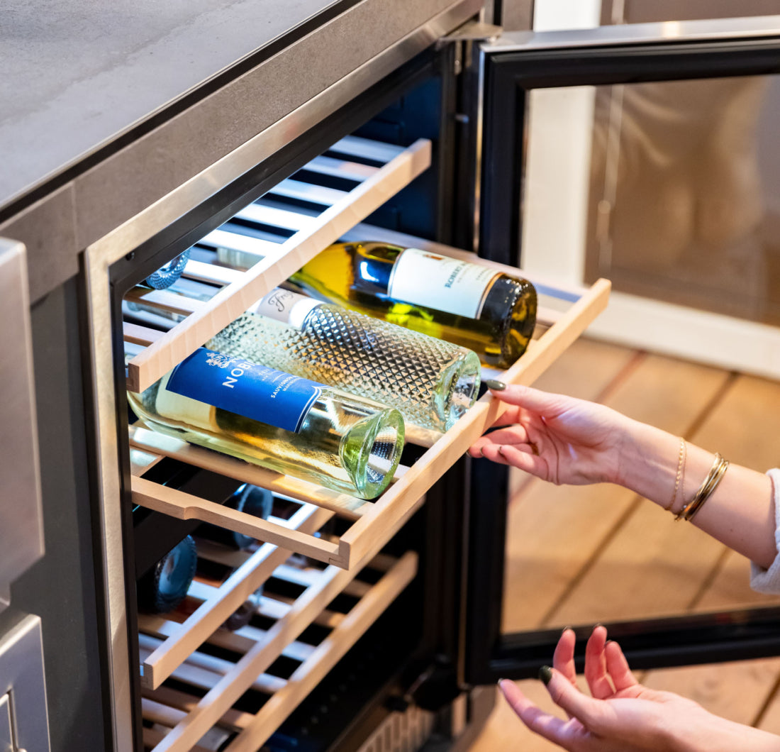AMD outdoor wine cooler interior wood bottle racks closeup