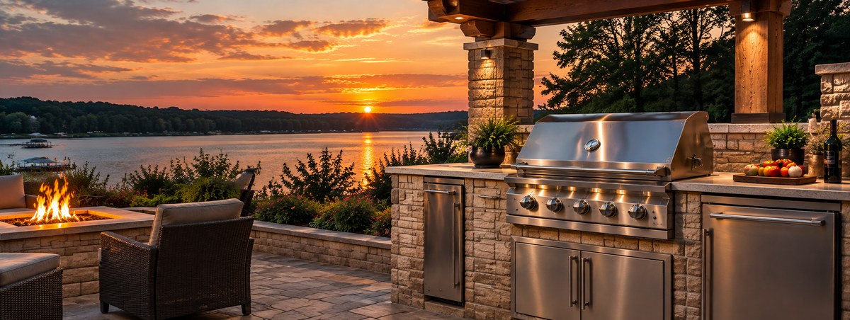 Lakeside outdoor kitchen with built-in gas grill at sunset