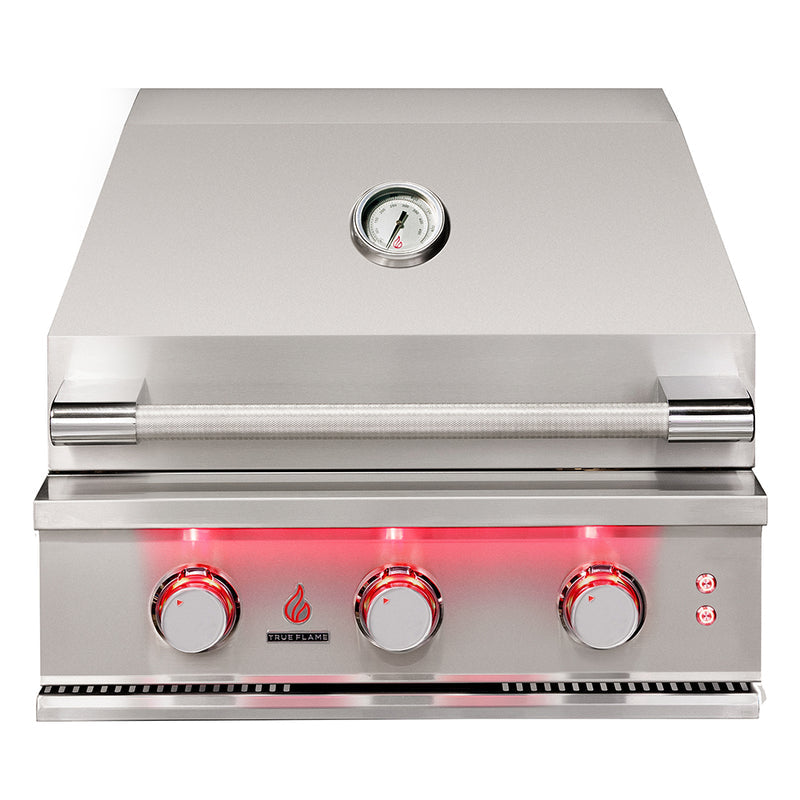 TrueFlame TF25 25-inch built-in gas grill front view with hood closed