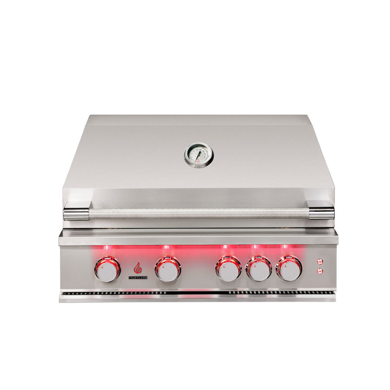 TrueFlame TF32 32-inch built-in gas grill front view with hood closed