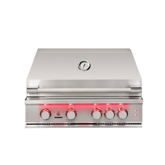 TrueFlame TF32 32-inch built-in gas grill front view with hood closed