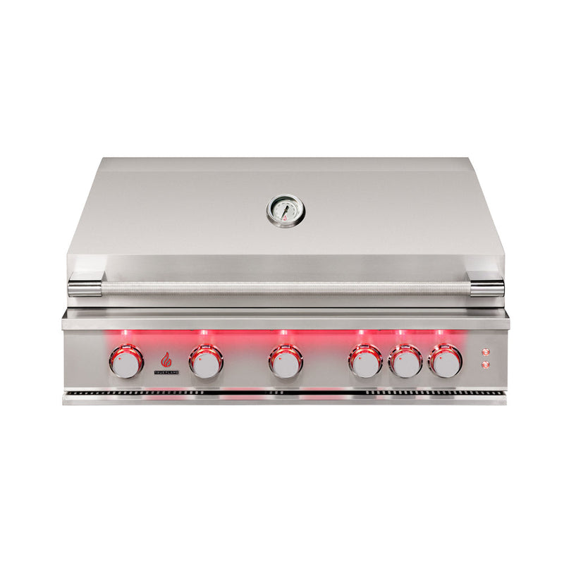 TrueFlame TF40 40-inch built-in gas grill front view with hood closed
