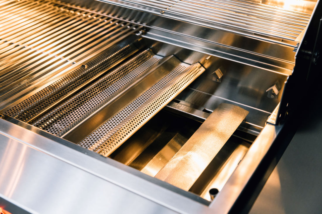 TrueFlame TF grill internal burners and stainless steel flame tamers closeup