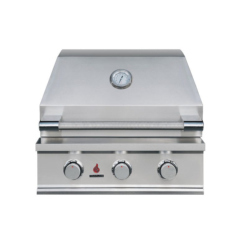 TrueFlame TFE25 25-inch built-in gas grill front view with hood closed
