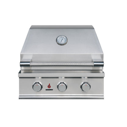 TrueFlame TFE25 25-inch built-in gas grill front view with hood closed
