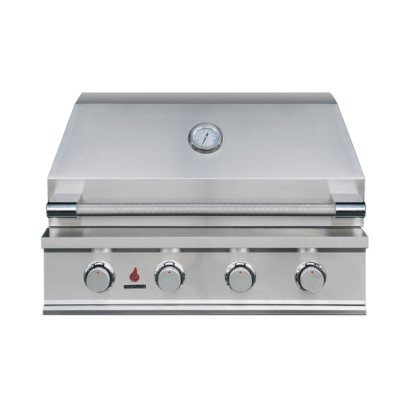 TrueFlame TFE32 32-inch built-in gas grill front view with hood closed