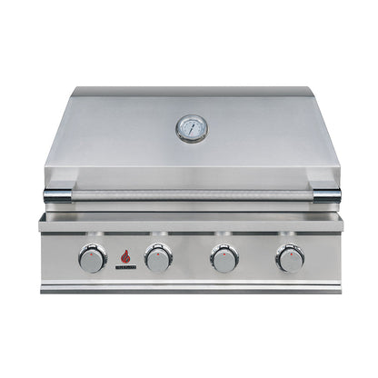 TrueFlame TFE32 32-inch built-in gas grill front view with hood closed