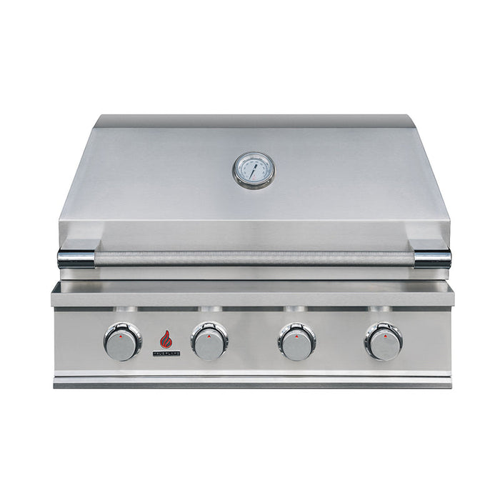 TrueFlame TFE32 32-inch built-in gas grill front view with hood closed